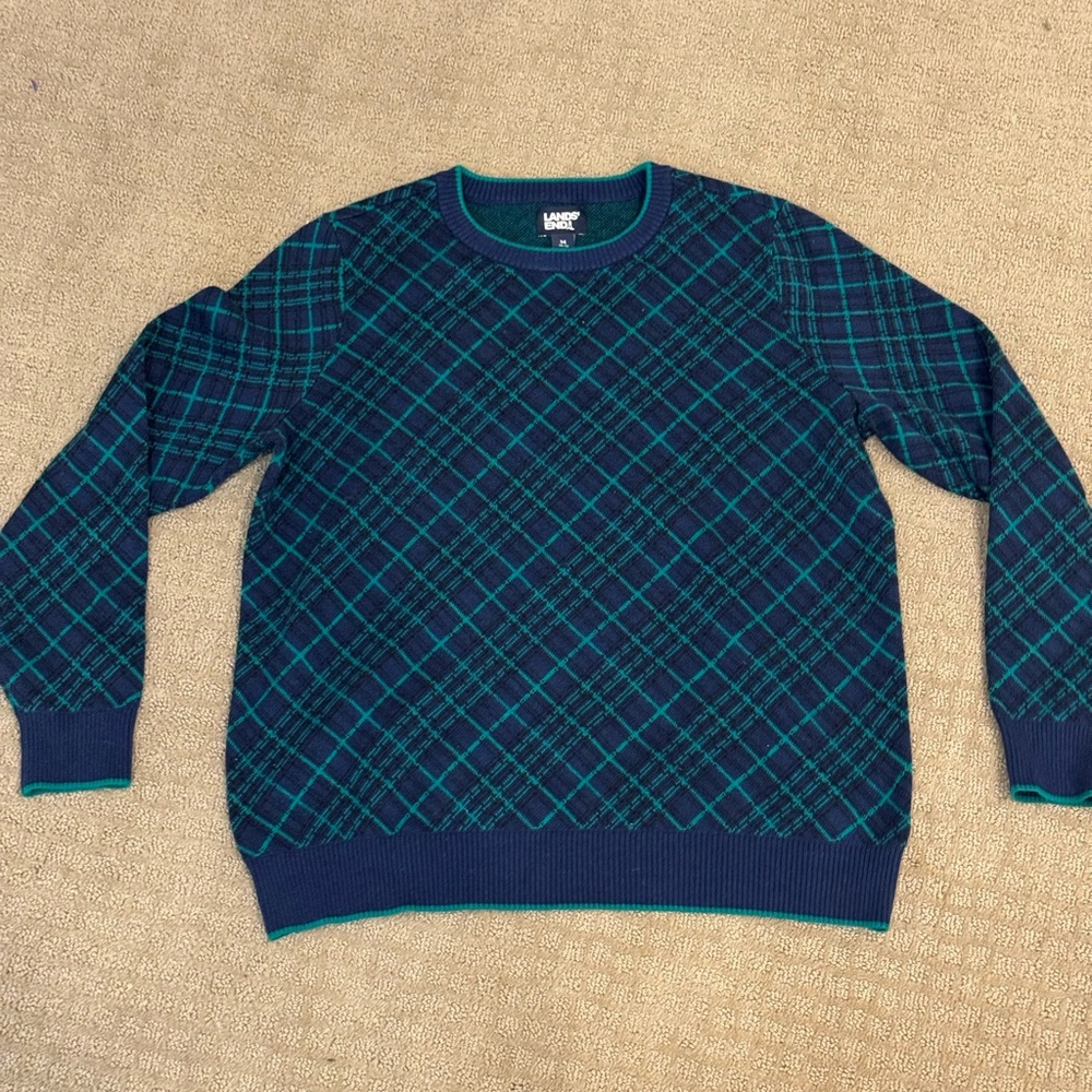 Lands' End Men's Blue and Green Plaid Crewneck Sweater